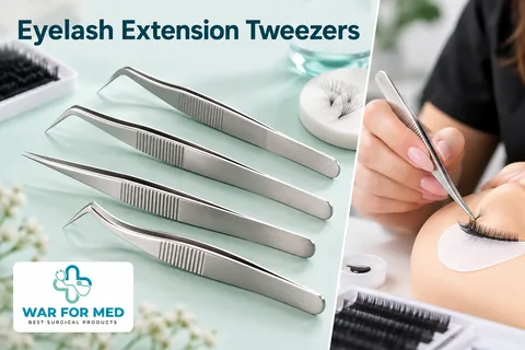 Eyelash Extension Tweezers — illustrative instrument close-up and use demonstration, WAR FOR MED